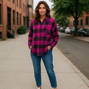 Heshy II by Shalini Originals Plaid Shirt 2X Pink Black Boxy Long Sleeve